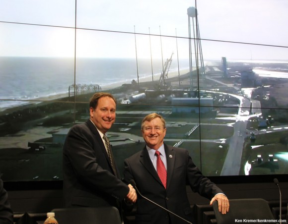 Robert Lightfoot; NASA Associate Administrator, and Frank Culbertson; executive vice president and general manager of Orbital's advanced spaceflight programs group and former Space Shuttle commander, at NASA Wallops Flight Facility, VA discuss extension of the International Space Station lifetime following Jan. 9 Antares/Cygnus blastoff bound for the station loaded with science experiments. Credit: Ken Kremer – kenkremer.com