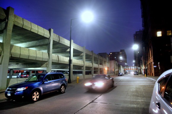 New LED lighting along Michigan Street in downtown Duluth, Minn. has brightened and whitened up the area considerably compared to the days of high-pressure sodium lighting. Credit: Bob King