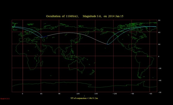 The occultation footprint for Lambda Geminorum for January 15th. (Created using Occult 4.01 software)