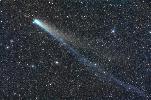 Comet Lovejoy still shows both an ion tail (blue) and dust tail in this photo taken Jan. 12 from Stixendorf, Austria. Credit: Michael Jaeger