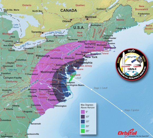 Antares Launch from Virginia– Maximum Elevation Map  The Antares nighttime launch will be visible to millions of spectators across a wide area of the Eastern US -weather permitting. This map shows the maximum elevation (degrees above the horizon) that the Antares rocket will reach during the Jan 7, 2014 launch depending on your location along the US east coast. Credit: Orbital Sciences