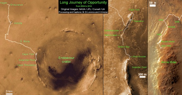 Traverse Map for NASA’s Opportunity rover from 2004 to 2014. This map shows the entire path the rover has driven during a decade on Mars and over 3540 Sols, or Martian days, since landing inside Eagle Crater on Jan 24, 2004 to current location by f Solander Point summit at the western rim of Endeavour Crater. Rover will spnd 6th winter here atop Solander. Opportunity discovered clay minerals at Esperance - indicative of a habitable zone. Credit: NASA/JPL/Cornell/ASU/Marco Di Lorenzo/Ken Kremer