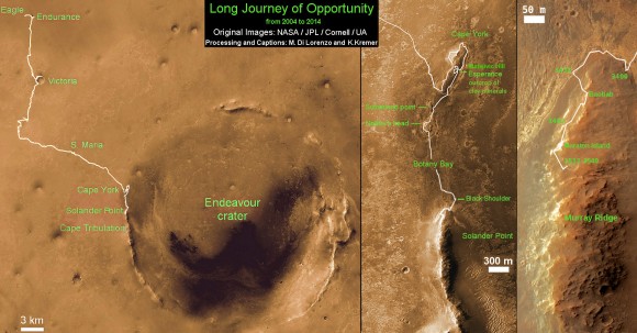 Traverse Map for NASA’s Opportunity rover from 2004 to 2014 This map shows the entire path the rover has driven during a decade on Mars and over 3560 Sols, or Martian days, since landing inside Eagle Crater on Jan 24, 2004 to current location by Solander Point summit at the western rim of Endeavour Crater. Rover will spend 6th winter here atop Solander. Opportunity discovered clay minerals at Esperance – indicative of a habitable zone. Credit: NASA/JPL/Cornell/ASU/Marco Di Lorenzo/Ken Kremer – kenkremer.com