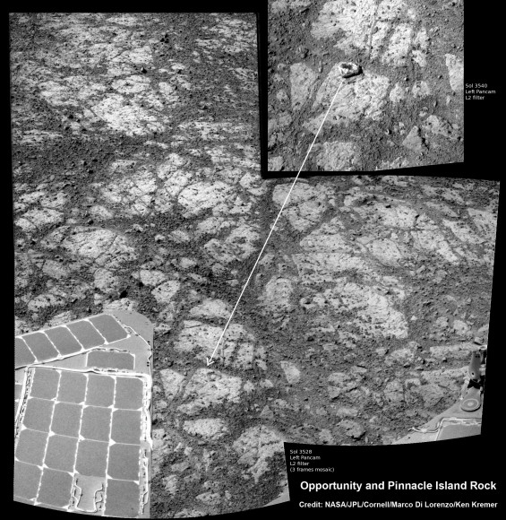 Mosaic of Opportunity and mysterious Pinnacle Island rock by Solander Point peak. Mysterious Pinnacle Island rock suddenly appeared out of nowhere in images snapped on Sol 3540. It was absent in earlier images on Sol 3528. This mosaic shows the rock nearby the solar panels of NASA’s Opportunity rover. Assembled from Sol 3528 and 3540 pancam raw images. Credit: NASA/JPL/Cornell/Marco Di Lorenzo/Ken Kremer-kenkremer.com