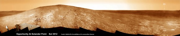 Opportunity by Solander Point peak – 2nd Mars Decade Starts here! NASA’s Opportunity rover captured this panoramic mosaic on Dec. 10, 2013 (Sol 3512) near the summit of “Solander Point” on the western rim of vast Endeavour Crater where she starts Decade 2 on the Red Planet. She is currently investigating summit outcrops of potential clay minerals formed in liquid water on her 1st mountain climbing adventure. See wheel tracks at center and dust devil at right. Assembled from Sol 3512 navcam raw images. Credit: NASA/JPL/Cornell/Marco Di Lorenzo/Ken Kremer-kenkremer.com