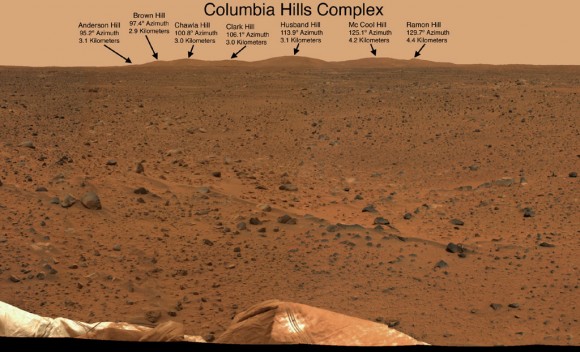 The "Columbia Hills" in Gusev Crater on Mars. "Husband Hill" is 3.1 kilometers distant. Spirit took this mosaic of images with the panoramic camera at the beginning of February, 2004, less than a month after landing on Mars. Spirit soon drove to the Columbia Hills and climbed to the summit of Husband Hill. Credit: NASA/JPL-Caltech/Cornell