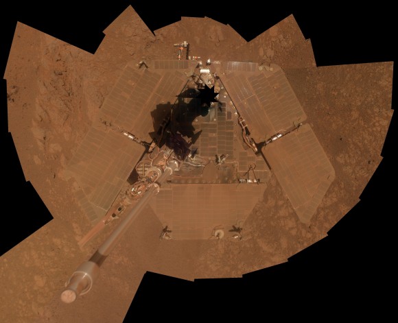 NASA's Opportunity Mars rover recorded the component images for this self-portrait near the peak of Solander Point and about three weeks before completing a decade of work on Mars. The rover's panoramic camera (Pancam) took the images during the interval Jan. 3, 2014, to Jan. 6, 2014. Credit: NASA/JPL-Caltech/Cornell/Arizona State University