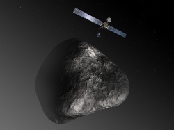 Artist's impression (not to scale) of the Rosetta orbiter deploying the Philae lander to comet 67P/Churyumov–Gerasimenko. Credit: ESA–C. Carreau/ATG medialab.