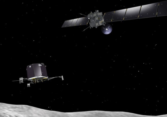 An artist's conception of ESA's Rosetta and Philae spacecraft approaching comet 67P/Churyumov-Gerasimenko. (Credit: ESA-J. Huart, 2013)