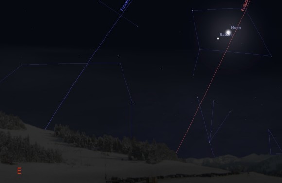 Saturn and the waning crescent Moon rising to the SE at about 4 AM local on January 25th, 2014. Created using Stellarium