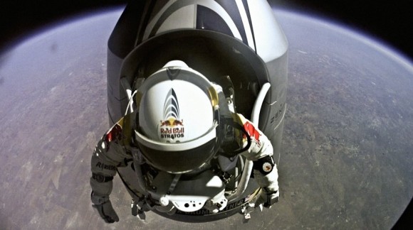 Felix Baumgartner about to step out of his pressurized capsule on October 14, 2012 (Credit: Red Bull)