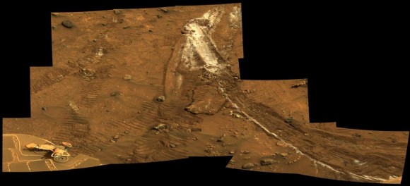 Spirit acquired this mosaic on Sol 1202 (May 21, 2007), while investigating the area east of the elevated plateau known as "Home Plate" in the "Columbia Hills." The mosaic shows an area of disturbed soil, nicknamed "Gertrude Weise" by scientists, made by Spirit's stuck right front wheel. The trench exposed a patch of nearly pure silica, with the composition of opal. It could have come from either a hot-spring environment or an environment called a fumarole, in which acidic, volcanic steam rises through cracks. Either way, its formation involved water, and on Earth, both of these types of settings teem with microbial life. Credit: NASA/JPL-Caltech/Cornell