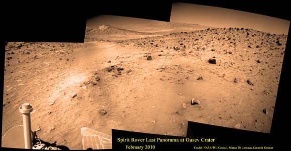 Last View from Spirit rover on Mars. Spirit’s last panorama from Gusev Crater was taken during February 2010 before her death from extremely low temperatures during her 4th Martian winter. Spirit was just 500 feet from her next science target - dubbed Von Braun – at center, with Columbia Hills as backdrop. Mosaic Credit: Marco Di Lorenzo/ Kenneth Kremer/ NASA/JPL/Cornell University. Mosaic featured on Astronomy Picture of the Day (APOD) on 30 May 2011 - http://apod.nasa.gov/apod/ap110530.html