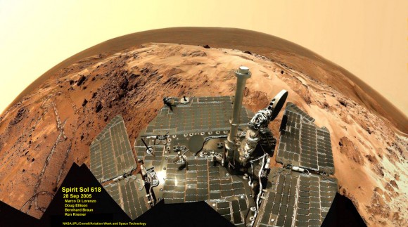 Spirit Mars rover - view from Husband Hill summit - panels cleaned by wind action Spirit snapped this unique self portrait view from the summit of Husband Hill inside Gusev crater on Sol 618 on 28 September 2005. The rovers were never designed or intended to climb mountains. It took more than 1 year for Spirit to scale the Martian mountain. This image was created from numerous raw images by an international team of astronomy enthusiasts and appeared on the cover of the 14 November 2005 issue of Aviation Week & Space Technology magazine and the April 2006 issue of Spaceflight magazine. Also selected by Astronomy Picture of the Day (APOD) on 28 November 2005. Credit: NASA/JPL/Cornell/ Marco Di Lorenzo/Doug Ellison/Bernhard Braun/Ken Kremer