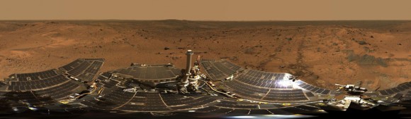 Summit Panorama with Rover Deck The panoramic camera on Spirit took the hundreds of images combined into this 360-degree view, the "Husband Hill Summit" panorama. The images were acquired on Spirit's sols 583 to 586 (Aug. 24 to 27, 2005), shortly after the rover reached the crest of "Husband Hill" inside Mars' Gusev Crater. The panoramic camera shot 653 separate images in 6 different filters, encompassing the rover's deck and the full 360 degrees of surface rocks and soils visible to the camera from this position. This was the first time the camera has been used to image the entire rover deck and visible surface from the same position. Credit: NASA/JPL-Caltech/Cornell