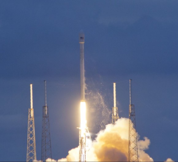 Sunset launch of Falcon 9 with Thiacom 6 broadcast satellite on Jan 6, 2014 from Cape Canaveral, FL. Credit: Jeff Seibert