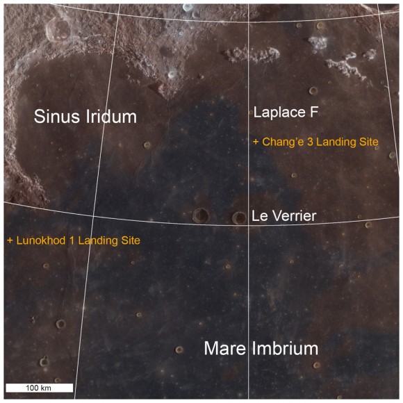 LRO LROC Wide angle camera (WAC) color (689 nm, 415 nm, 321 nm) overlain on WAC sunset BW image. Note the proximity of the landing site to a contact between red and blue maria. Credit: NASA/GSFC/Arizona State University