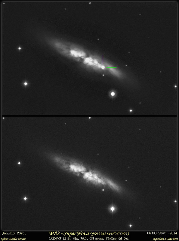 Supernova in M82 The Cigar Galaxy on January 23rd 06:23 UTC, comparing to an image taken in April 2013. Credit and copyright: Efrain Morales/Jaicoa Observatory.