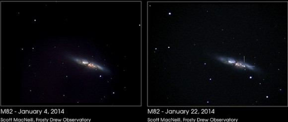 Comparison images of M82 on January 4 and January 23, 2014. Credit and copyright: Scott MacNeill, Frosty Drew Observatory.
