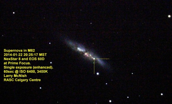 Image of the new supernova in M82, taken on January 22, 2014. Credit and copyright: Larry McNish, Calgary Centre of the Royal Astronomical Society of Canada.