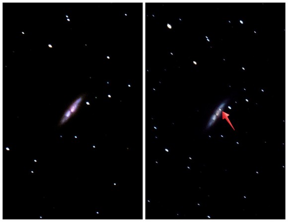Comparison images of M82 The image on the left was taken on December 24th, 2013. The image on the right was taken on January 20th, 2014. Credit and copyright: Stephen Rahn.