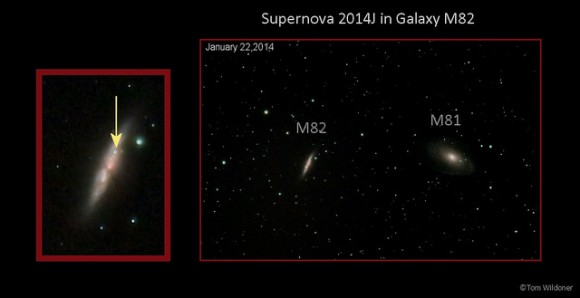 A view taken on January 22, 2014 of supernova 2014J in Messier 82 (M82) located in the constellation Ursa Major. Credit and copyright: Tom Wildoner.