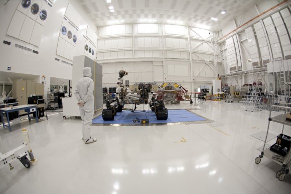 The NASA Curiosity rover in this undated photo inside the Jet Propulsion Laboratory's spacecraft assembly facility. The team did around 4,500 samplings during assembly for contamination. Credit: NASA