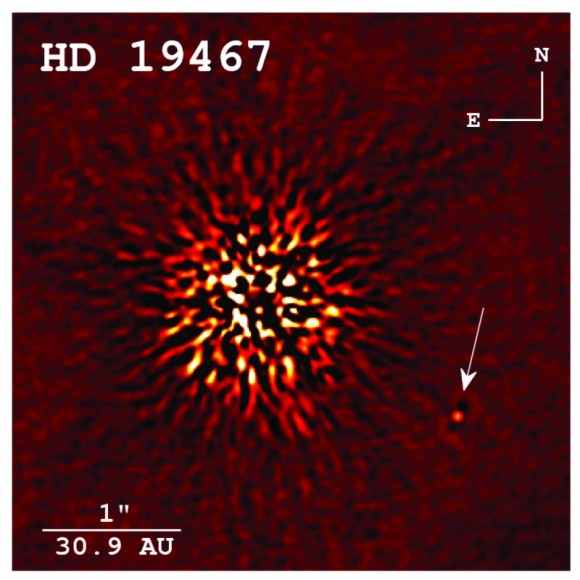 A direct image of a brown dwarf companion (arrowed) taken at the Keck Observatory. (Credit: Crepp et al. 2014 APJ).