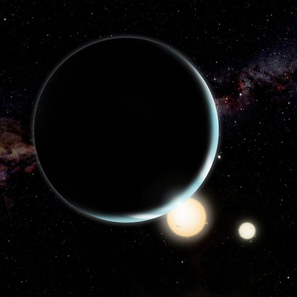 Artist's conception of Kepler 34b, which orbits two stars. Credit: David A. Aguilar (CfA)