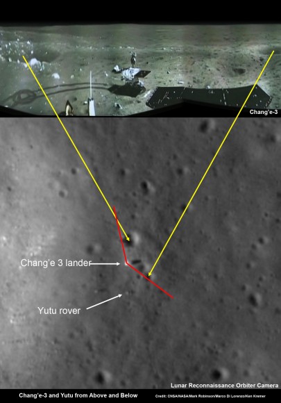 Chang’e-3 lander and Yutu rover – from Above And Below Composite view shows China’s Chang'e-3 lander and Yutu rover from Above And Below (orbit and surface) - lander panorama (top) and orbital view from NASA’s LRO orbiter (bottom). Chang'e-3 lander B/W panorama from camera shows Yutu rover after it drove down the ramp to the moon’s surface and began driving around the landers right side to the south. Yellow lines connect craters seen in the lander panorama and the LROC image from LRO (taken at a later date after the rover had moved), red lines indicate approximate field of view of the lander panorama. Credit: CNSA/NASA/Mark Robinson/Marco Di Lorenzo/Ken Kremer