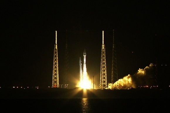 The dual Atlas V rocket engines roar to life on a United Launch Alliance Atlas V rocket at Cape Canaveral Air Force Station's Space Launch Complex 41. The launch vehicle will boost NASA's Tracking and Data Relay Satellite, or TDRS-L, spacecraft to Earth orbit. Liftoff was at 9:33 p.m. EST on Jan. 23, 2014. Credit: NASA
