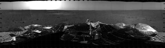 Ten Years Ago, Spirit Rover Lands on Mars . This mosaic image taken on Jan. 4, 2004, by the navigation camera on the Mars Exploration Rover Spirit, shows a 360 degree panoramic view of the rover on the surface of Mars. Spirit operated for more than six years after landing in January 2004 for what was planned as a three-month mission. Credit: NASA/JPL