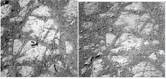 Two images from the Opportunity rover from Sol 3528 (right) and Sol 3540 showing possible location of where the 'Jelly Donut' rock came from. Image credit: Credit: NASA/JPL-Caltech/Cornell Univ./Arizona State Univ., notation via Yuksel Kenaroglu.