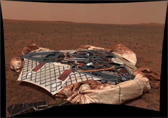 Empty Nest. Spirit rover images her Lander Platform after egress following touchdown in January 2004. Lander had 3-petals and airbags. Credit: NASA/JPL-Caltech/Cornell