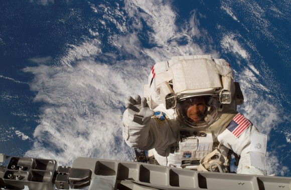 Steve Swanson, commander of Expedition 40, during a spacewalk on 2007 shuttle mission STS-117. Credit: NASA