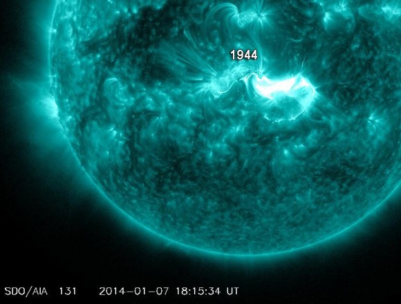 Image of the X1.2 class solar flare from the Sun on January 7, 2014, as seen from the Solar Dynamics Observatory. 