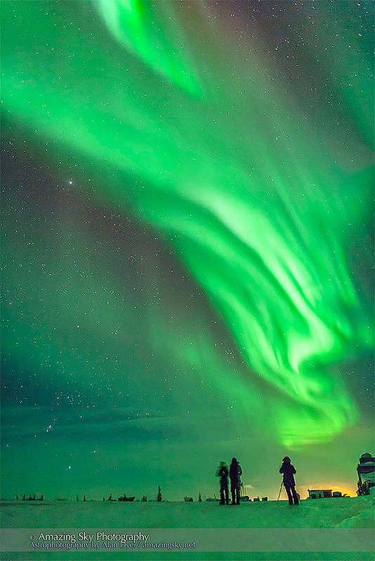 The aurora of February 3-4, 2014 as seen from outdoors in Churchill, Manitoba at the Churchill Northern Studies Centre, looking west to Orion and Taurus. Credit and copyright: Alan Dyer.