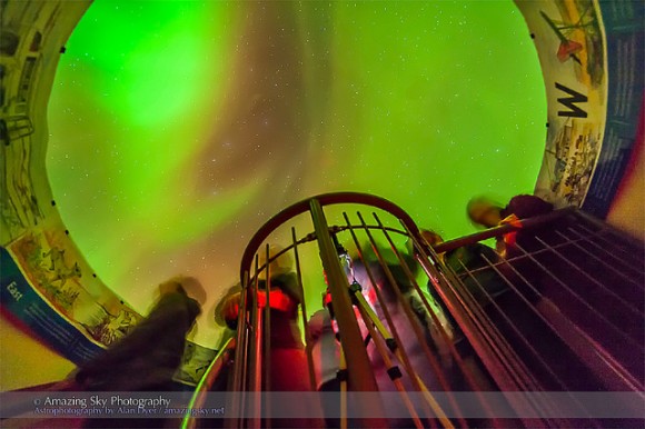 The aurora of February 3-4, 2014 seen from inside a plexiglass aurora dome in Churchill, Manitoba at the Churchill Northern Studies Centre. Credit and copyright: Alan Dyer. 