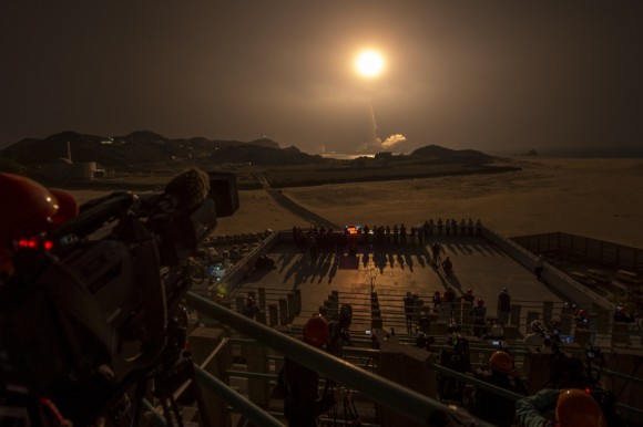 GPM Launch Seen From the Tanegashima Space Center.  A Japanese H-IIA rocket with the NASA-Japan Aerospace Exploration Agency (JAXA), Global Precipitation Measurement (GPM) Core Observatory onboard, is seen launching from the Tanegashima Space Center on Friday, Feb. 28, 2014 (Japan Time), in Tanegashima, Japan; Thursday, Feb. 27,  EST..  Credit: NASA/Bill Ingalls