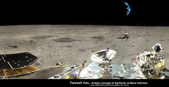 Farewell Yutu -  artistic impression of Earthrise over Yutu at lunar landing site. This composite photomosaic combines farewell view of China’s Yutu rover with Moon’s surface terrain at Mare Imbrium landing site and enlarged photo of Earth, all taken by Chang’e-3 lander.  Not a science image.  Credit: CNSA/Chinanews/Ken Kremer/Marco Di Lorenzo – kenkremer.com