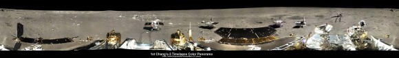360-degree time-lapse color panorama from China’s Chang’e-3 lander. This new 360-degree time-lapse color panorama from China’s Chang’e-3 lander shows the Yutu rover at five different positions, including passing by crater and heading south and away from the Chang’e-3 lunar landing site forever during its trek over the Moon’s surface at its landing site from Dec. 15-22, 2013 during the 1st Lunar Day. Credit: CNSA/Chinanews/Ken Kremer/Marco Di Lorenzo – kenkremer.com. See our Yutu timelapse pano at NASA APOD Feb. 3, 2014: http://apod.nasa.gov/apod/ap140203.htm