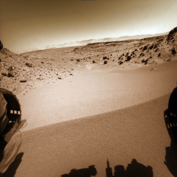 Curiosity does a “toe dip” wheel motion test at Dingo Gap sand dune on Sol 534, Feb 5, 2014 before crossing dune on Sol 535. Hazcam image linearized and colorized. Credit: NASA/JPL/Marco Di Lorenzo/Ken Kremer- kenkremer.com