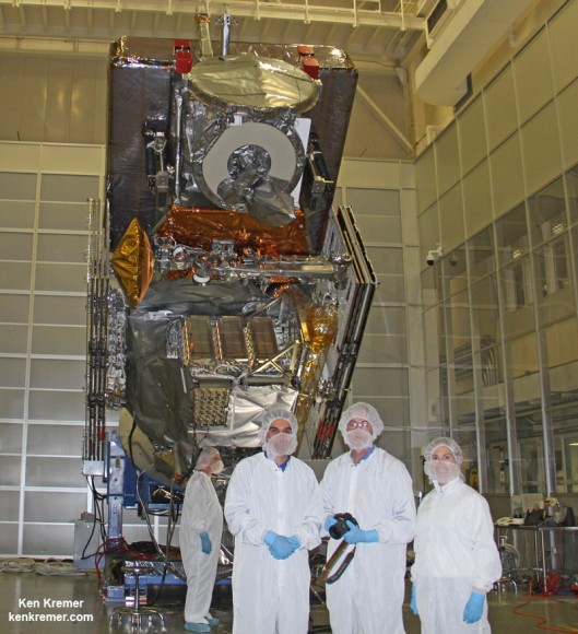 NASA/JAXA Global Precipitation Measurement (GPM) satellite inside the clean room at NASA Goddard Space Flight Center, MD, undergoes final processing during exclusive up-close inspection tour by Universe Today: Dr. Art Azarbarzin/NASA GPM project manager, Dr. Ken Kremer/Universe Today and Dr. Dalia Kirschbaum/NASA GPM research scientist. Credit: Ken Kremer/kenkremer.com