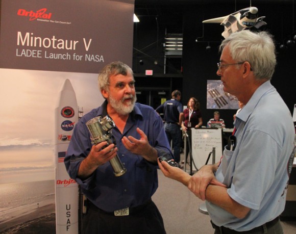 Paul Mahaffy, LADEE Neutral Mass Spectrometer (NMS) instrument, principal investigator, and Ken Kremer/Universe Today discuss LADEE science at NASA Wallops Flight Facility, VA. Credit: Ken Kremer/kenkremer.com