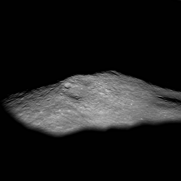 The central peak of Icarus Crater on the Moon’s farside, as seen by LROC. Image width is approximately 10 km, north is to the right. Credit: NASA/GSFC/Arizona State University.