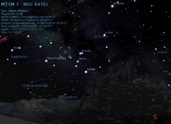 Finding Messier 6: the view from latitude 30 degrees north before dawn in mid-February. Credit: Stellarium.