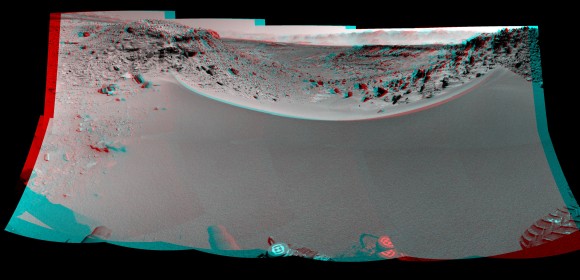 Curiosity's 3-D View Past Tall Dune at edge of 'Dingo Gap' This stereo mosaic of images from the Navigation Camera (Navcam) on Curiosity shows the terrain to the west from the rover's position on Sol 528 (Jan. 30, 2014). The scene appears three dimensional when viewed through red-blue glasses with the red lens on the left. The view was taken just after Curiosity had arrived at the eastern edge of a location called "Dingo Gap." A dune across the gap is about 3 feet (1 meter) high in the middle and tapered at south (left) and north (right) ends onto low scarps on either side of the gap. The rover team is evaluating possible driving routes on the other side before a decision whether the cross the gap. Credit: NASA/JPL-Caltech