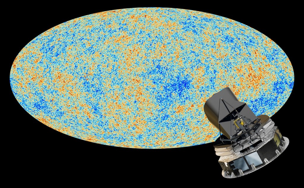 Artist's conception of Planck, a space observatory operated by the European Space Agency, and the cosmic microwave background. Credit: ESA and the Planck Collaboration - D. Ducros