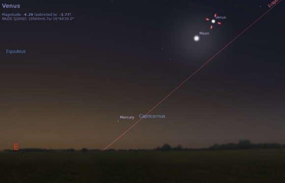 The Moon and Venus at dawn on February 25th for observers along the U.S. Eastern Seaboard.