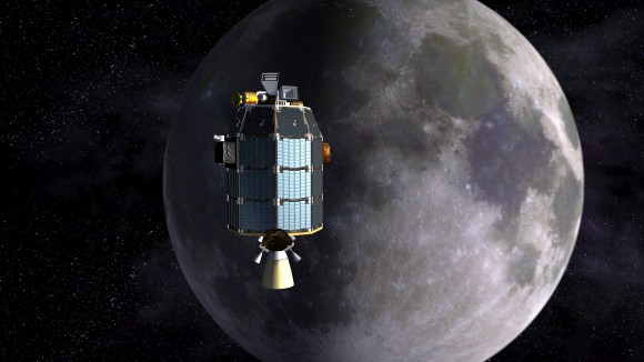 Depiction of NASA's Lunar Atmosphere and Dust Environment Explorer (LADEE) observatory as it approaches lunar orbit.Credit:  NASA Ames/Dana Berry